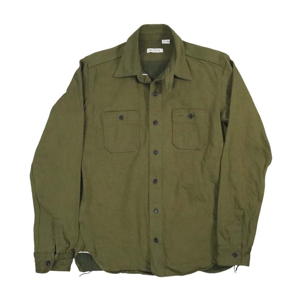 Gustin Selvedge Twill Work Shirt Mens S Olive Green Solid USA Cotton Heavyweight